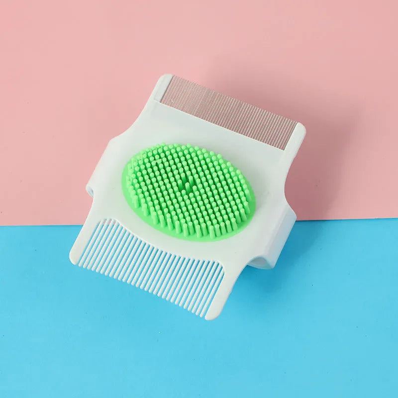 Blue multifunctional pet grooming comb with floating hair removal and massage bristles measuring 8.5cm