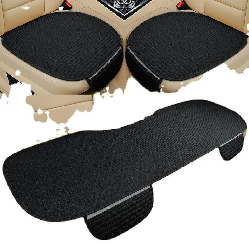 Linen plaid car seat cushion with hemmed edges in charm coffee colour on a car seat.