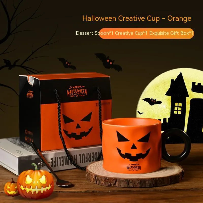 15cm pumpkin ceramic mug with handle in orange or white, with spoon and gift box