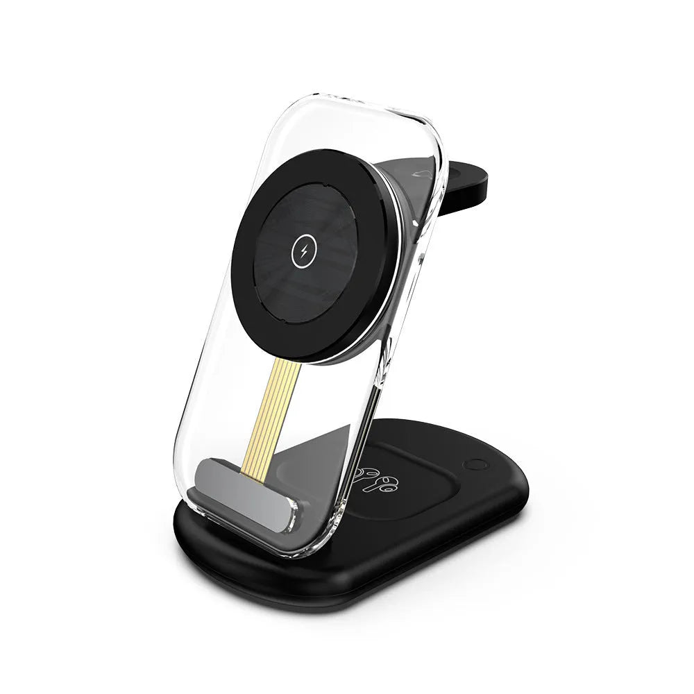 Transparent folding magnetic wireless charger showing internal components with black or white casing options