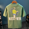 Green men's loose fit T-shirt with printed design on front, short sleeves