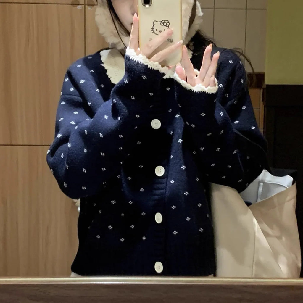 Retro Peter Pan collar floral knit cardigan coat in grey, apricot, or navy blue.