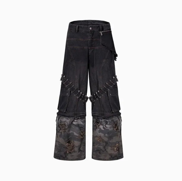 Grey camouflage men's jeans with panel splicing construction and ribbon detailing.