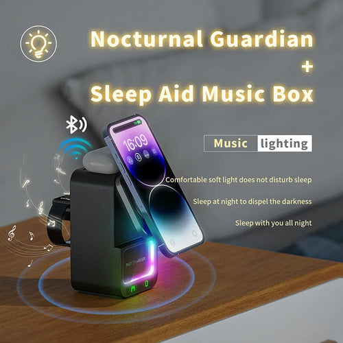White and black Bluetooth speaker with integrated wireless charging station showing 5-in-1 functionality