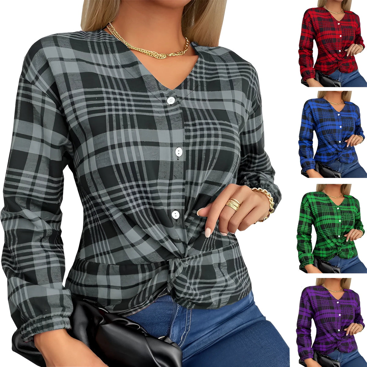 Woman wearing a loose-fitting purple plaid casual shirt with regular sleeves.