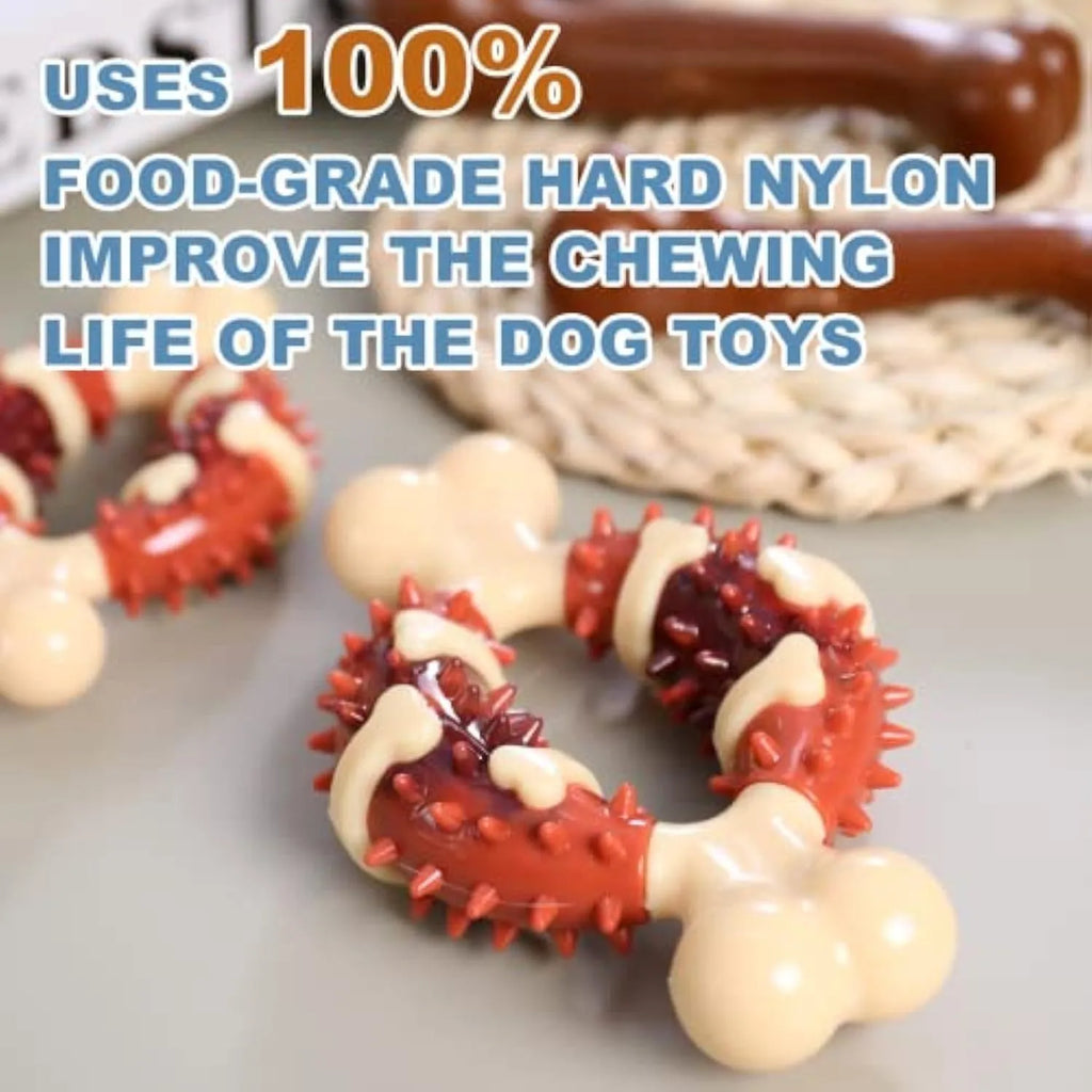 Natural rubber bone-shaped dog dental molar chew toy for teeth grinding shown in two size options