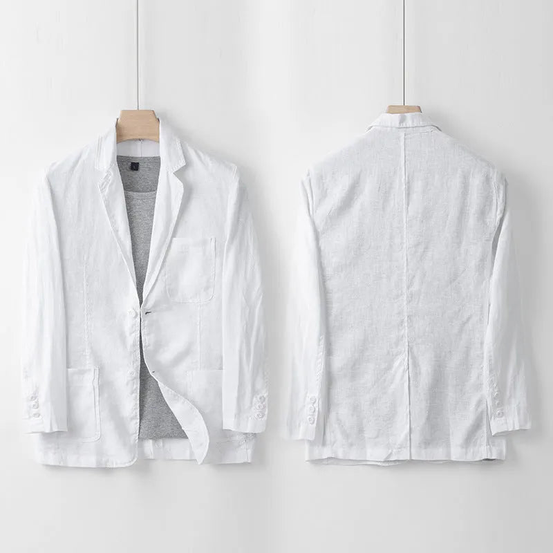 Men's casual linen suit jacket in a solid colour on a hanger, showing long sleeves and loose fit.