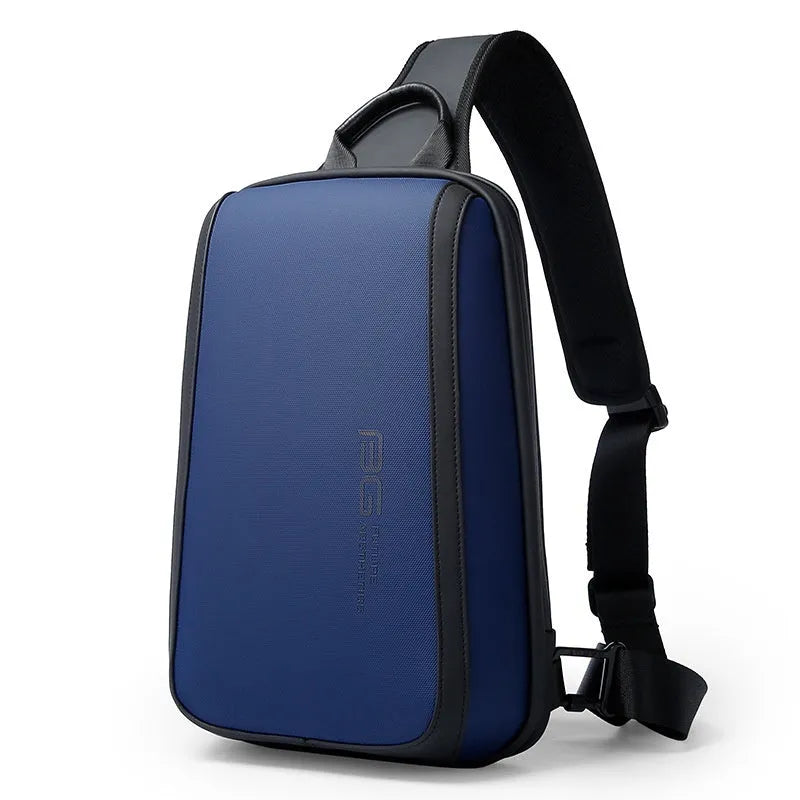 Blue Oxford cloth chest bag with double shoulder straps showing 33x21x10cm dimensions
