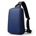Blue Oxford cloth chest bag with double shoulder straps showing 33x21x10cm dimensions