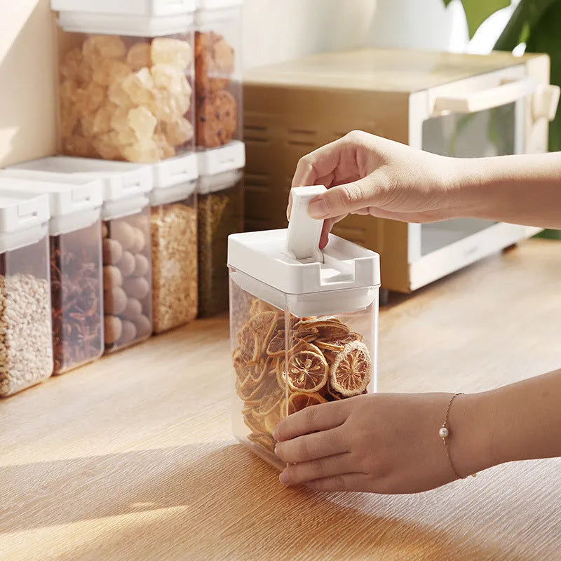 Transparent plastic food storage container with white lid for grains, showing 400ml capacity and clean Japanese design.