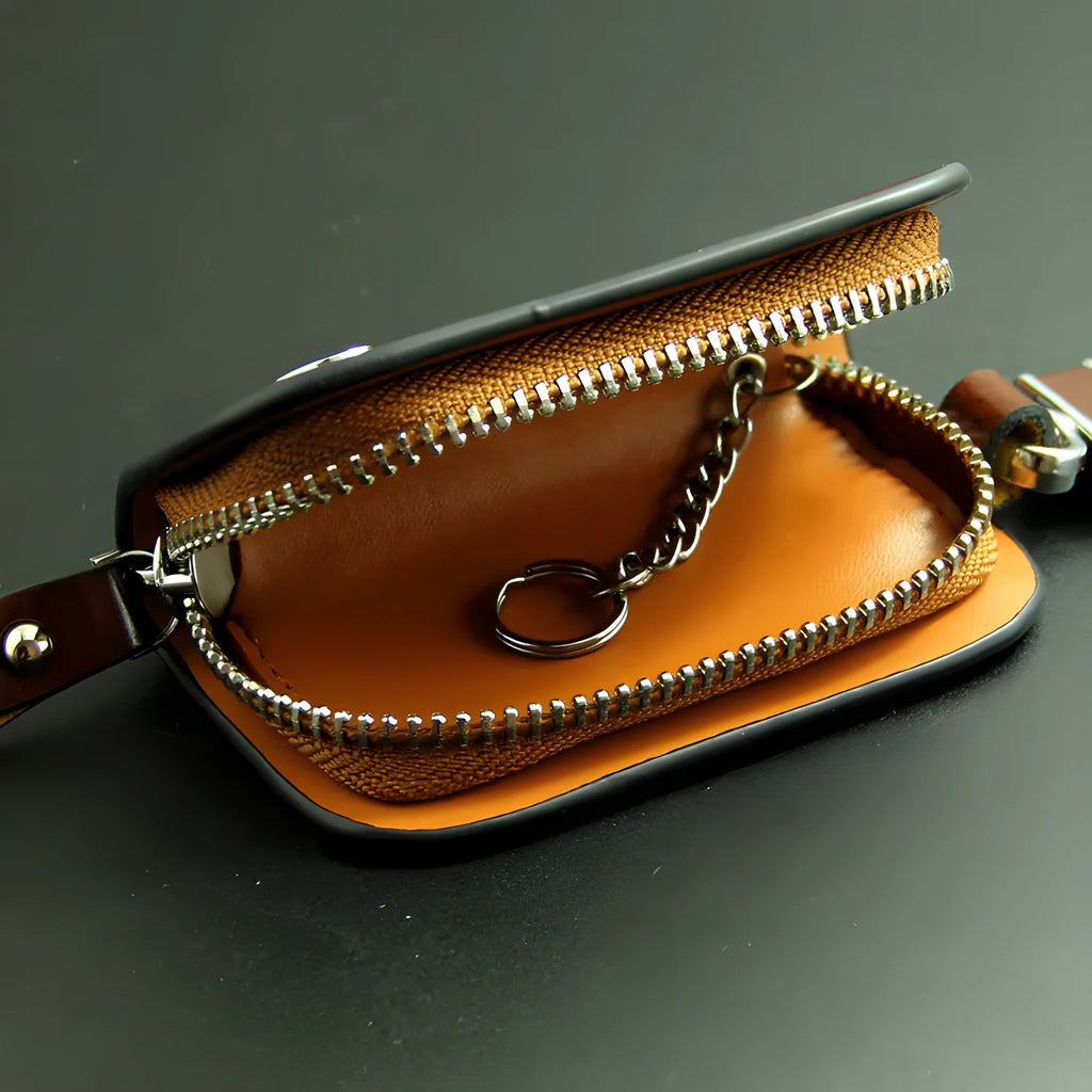 Genuine leather car key case in frosted black or brown with zipper closure
