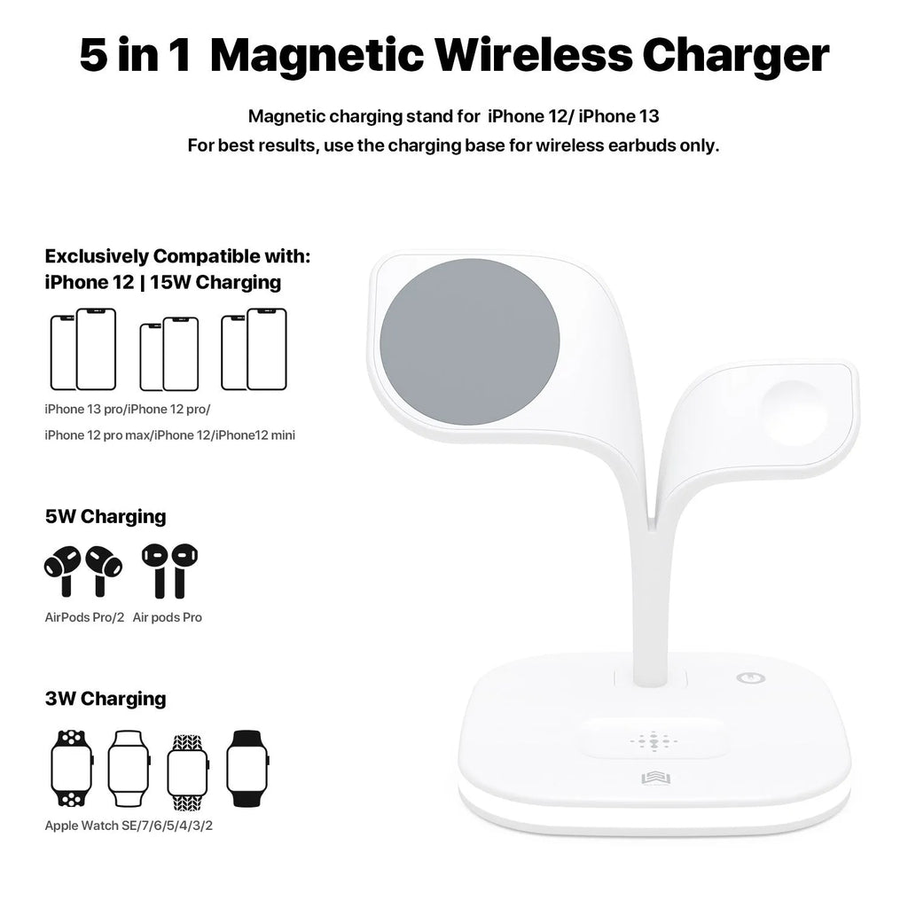 Black and white wireless charging station for phone, watch, and headphones on a desk