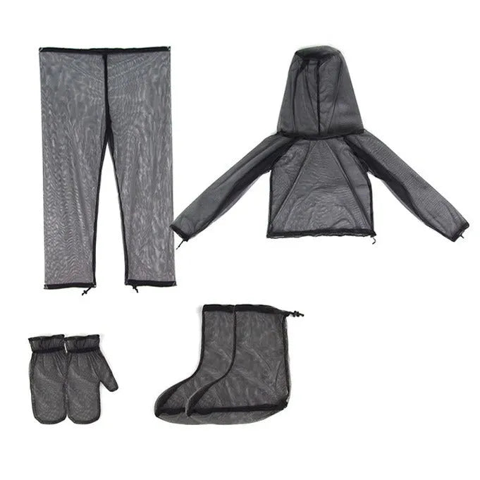 Four-piece anti-mosquito suit set with hooded top, trousers and booties for outdoor protection