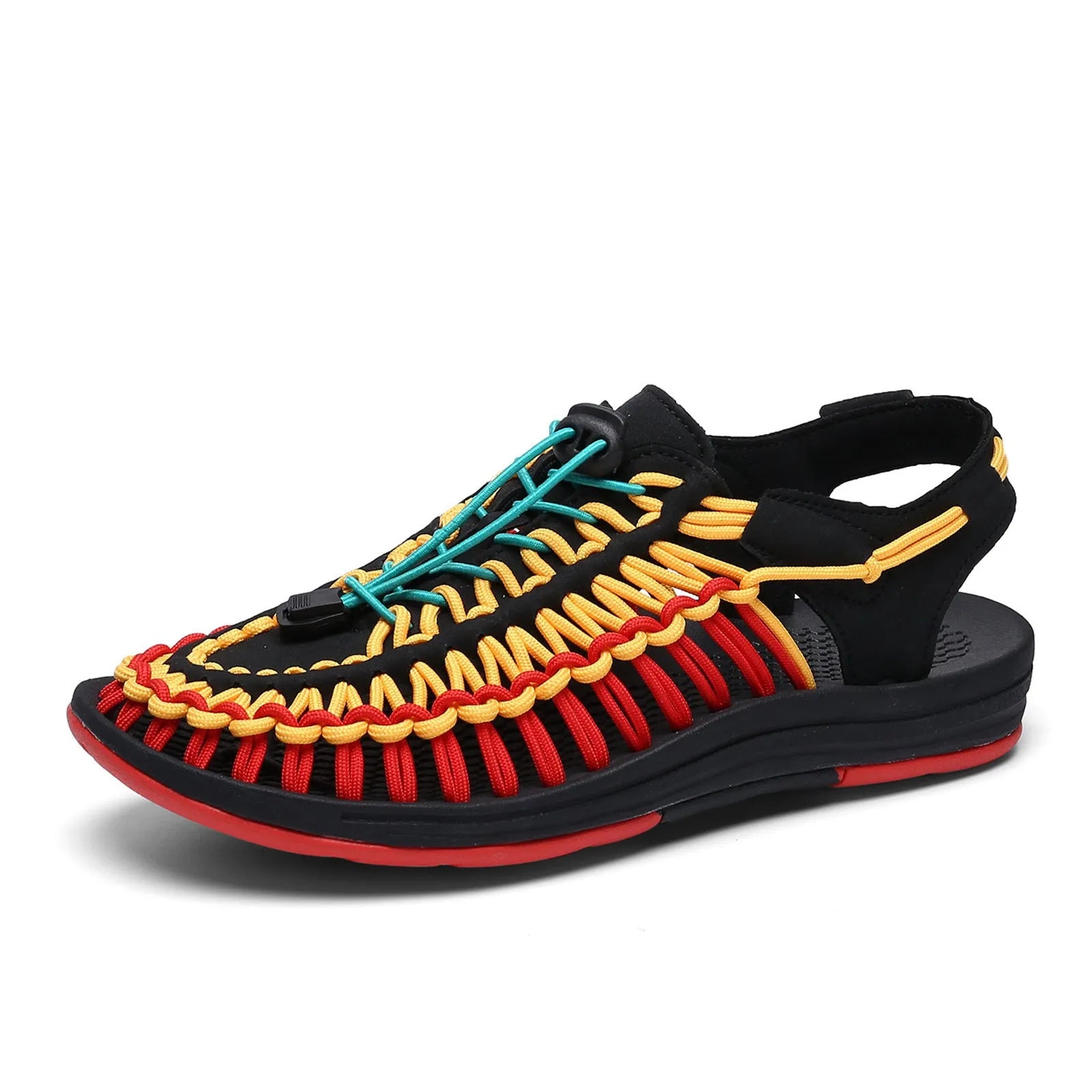 Woven Roman-style sandals with elastic drawstring tie and non-slip rubber sole