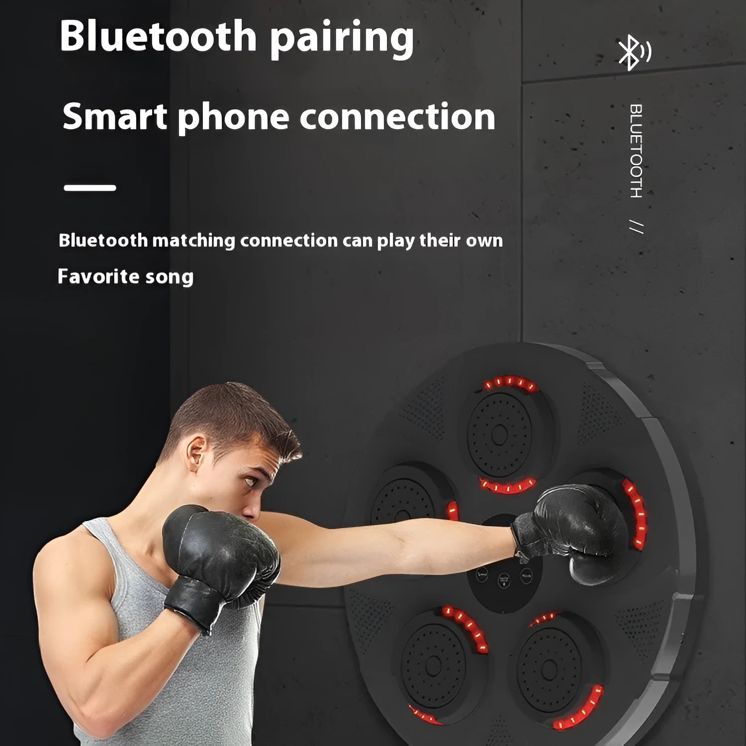 Wall-mounted smart boxing trainer with lit LED targets on black ABS plastic surface.