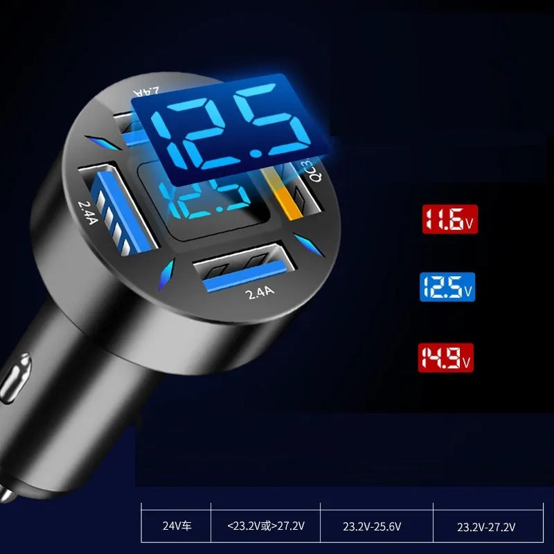 Black four-port USB car charger with LED digital display showing output voltage