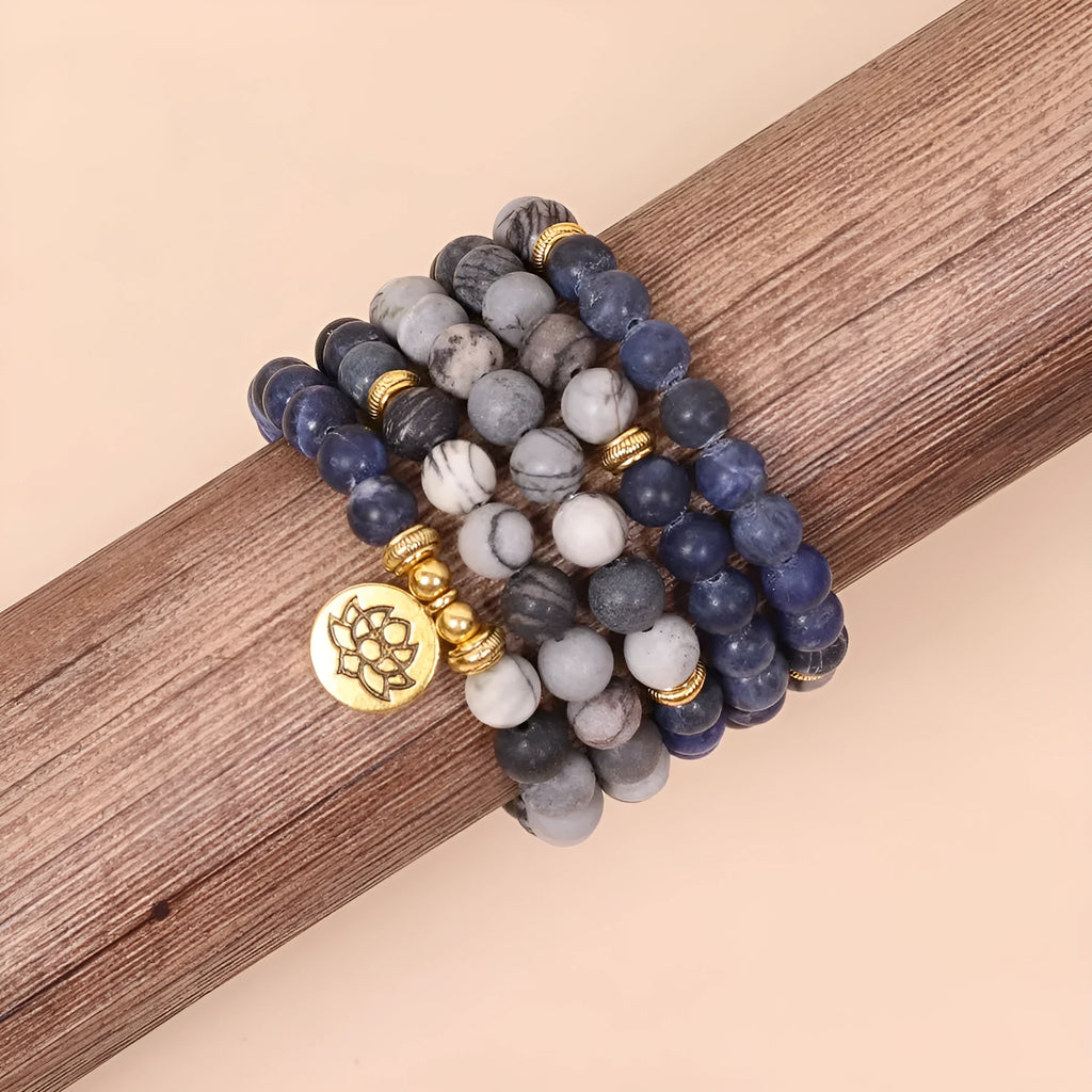 Blue patterned network stone beads on multi-layer alloy bracelet with natural fresh sweet style