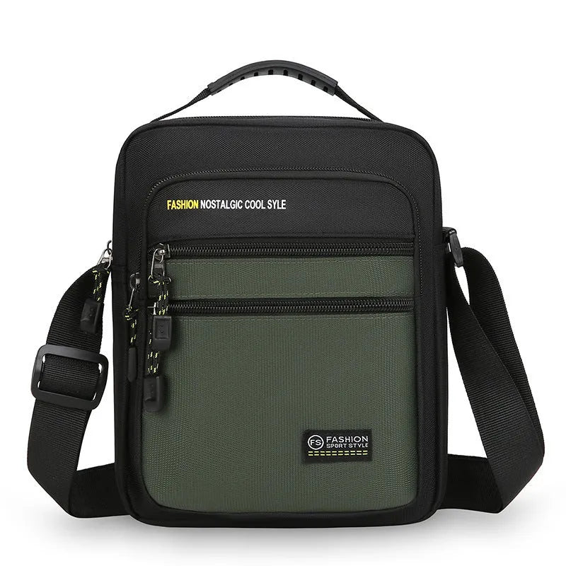 Men's nylon crossbody bag in green, shown with multiple pockets and adjustable shoulder strap.