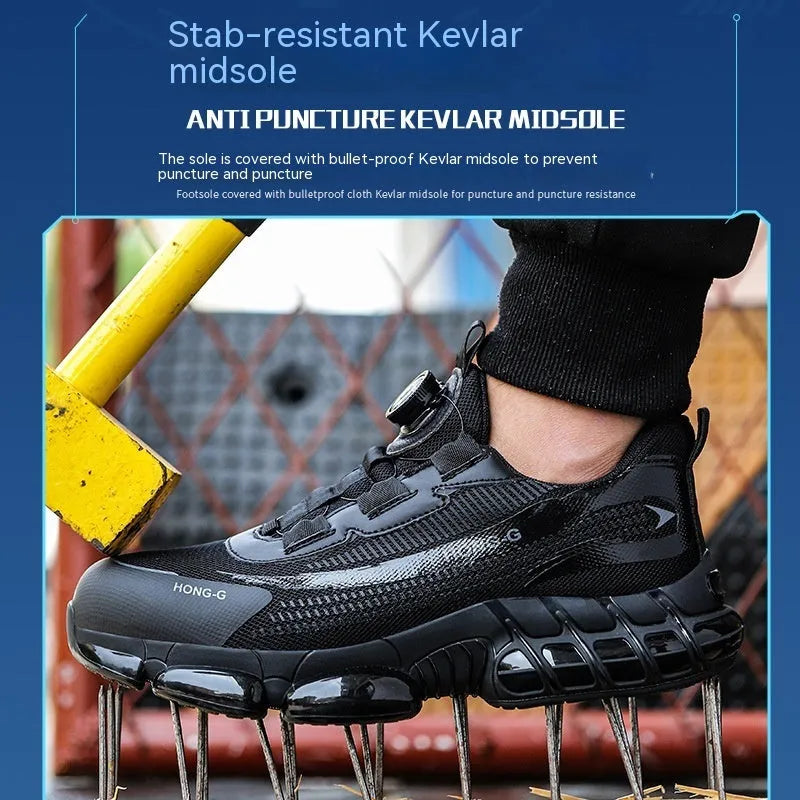 Lightweight black anti-smash work shoes with a breathable Flyweave upper and front lacing