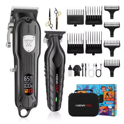 Black professional hair clipper set with LED display and adjustable length lever