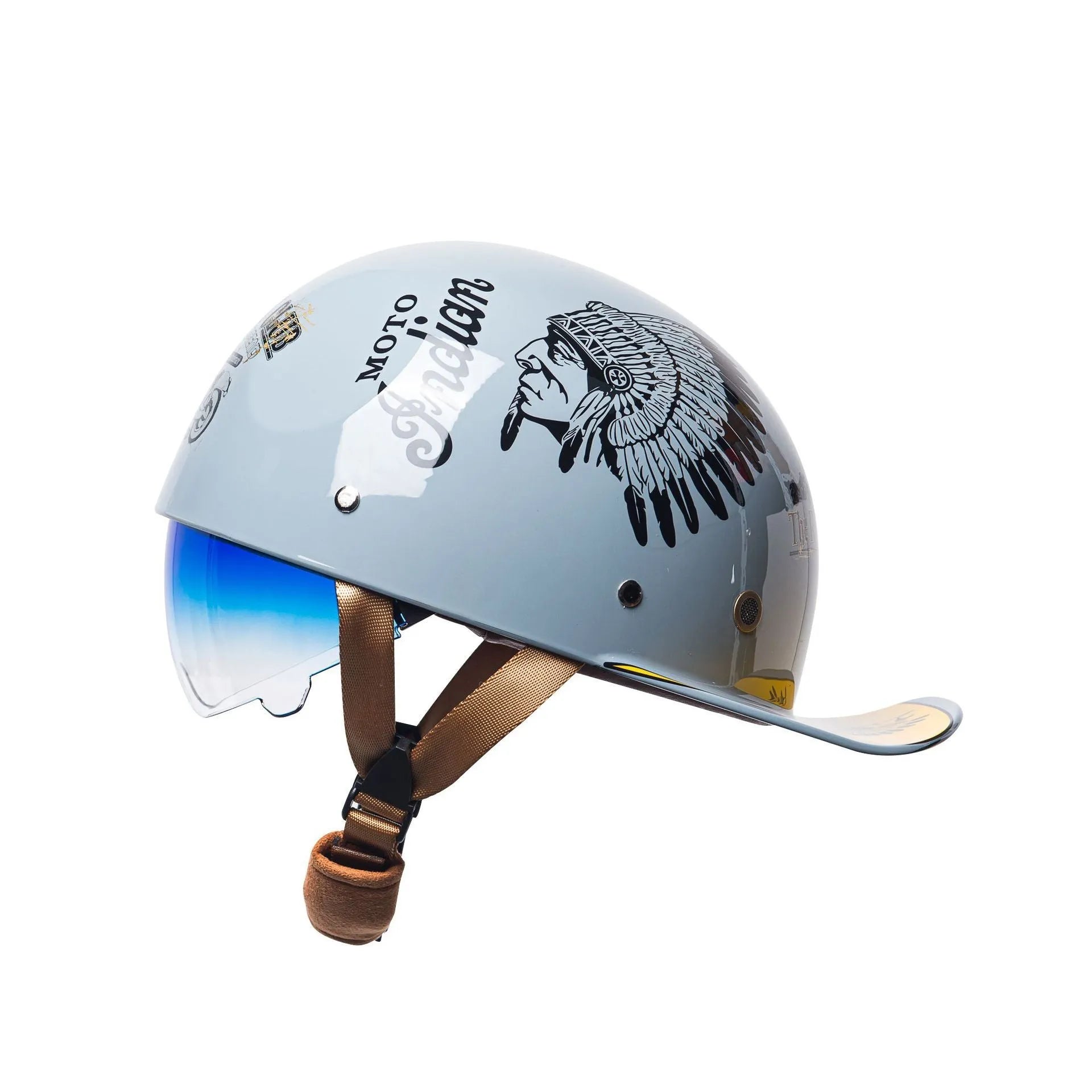 Men's retro half helmet for electric bicycles in bright black with gradient blue lens