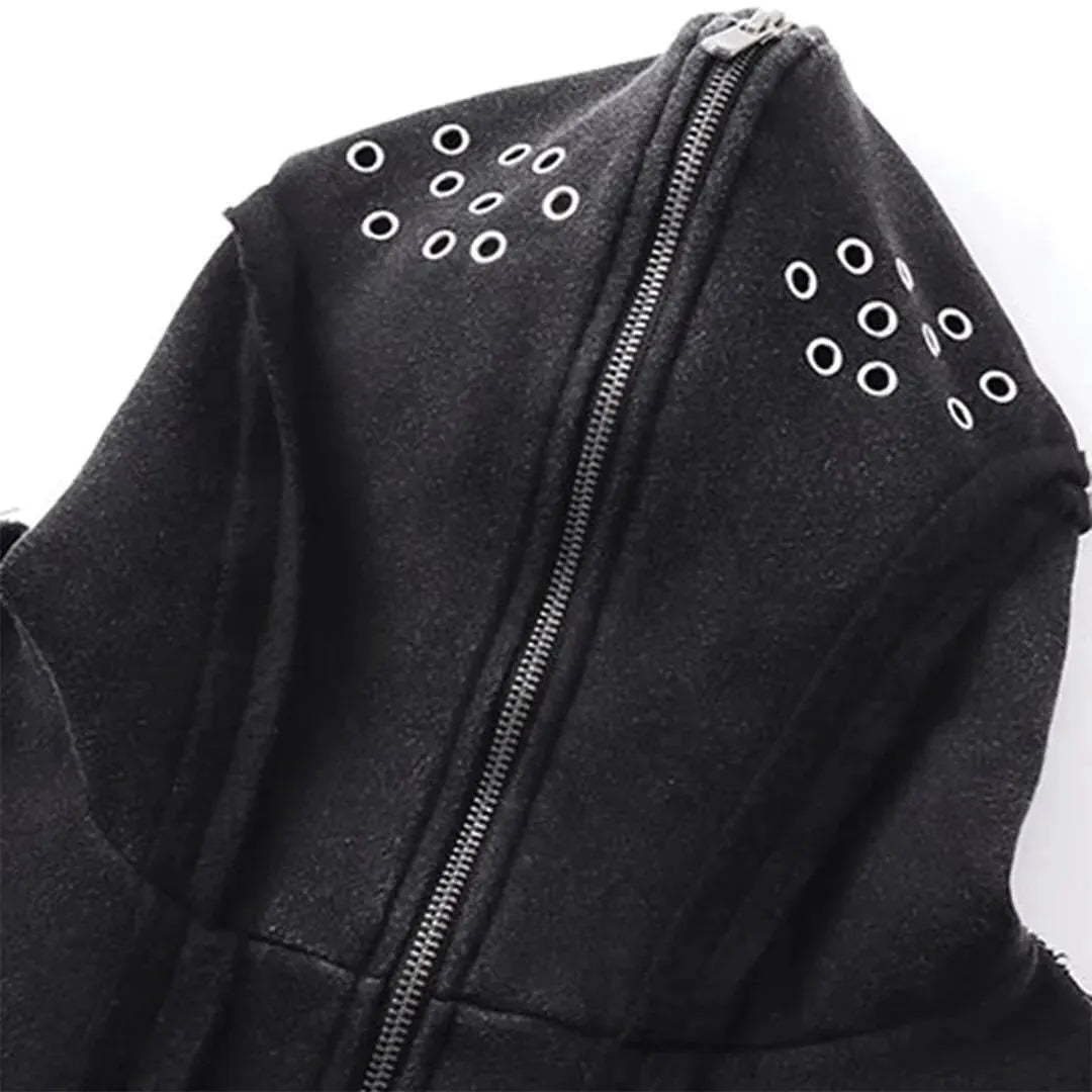 Black loose fit retro men's coat with a zip front, hood, and abstract pattern.
