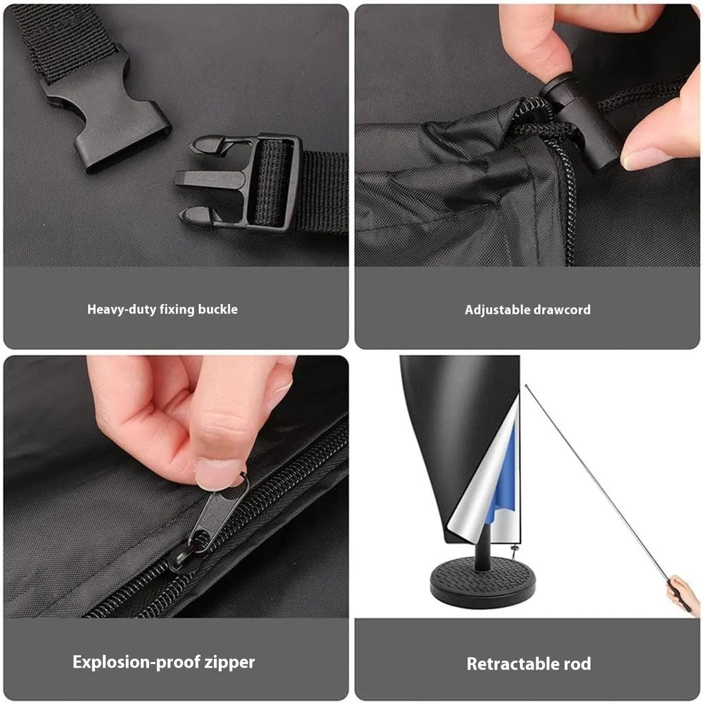 Black waterproof banana-shaped Oxford cloth cover for an offset patio umbrella.