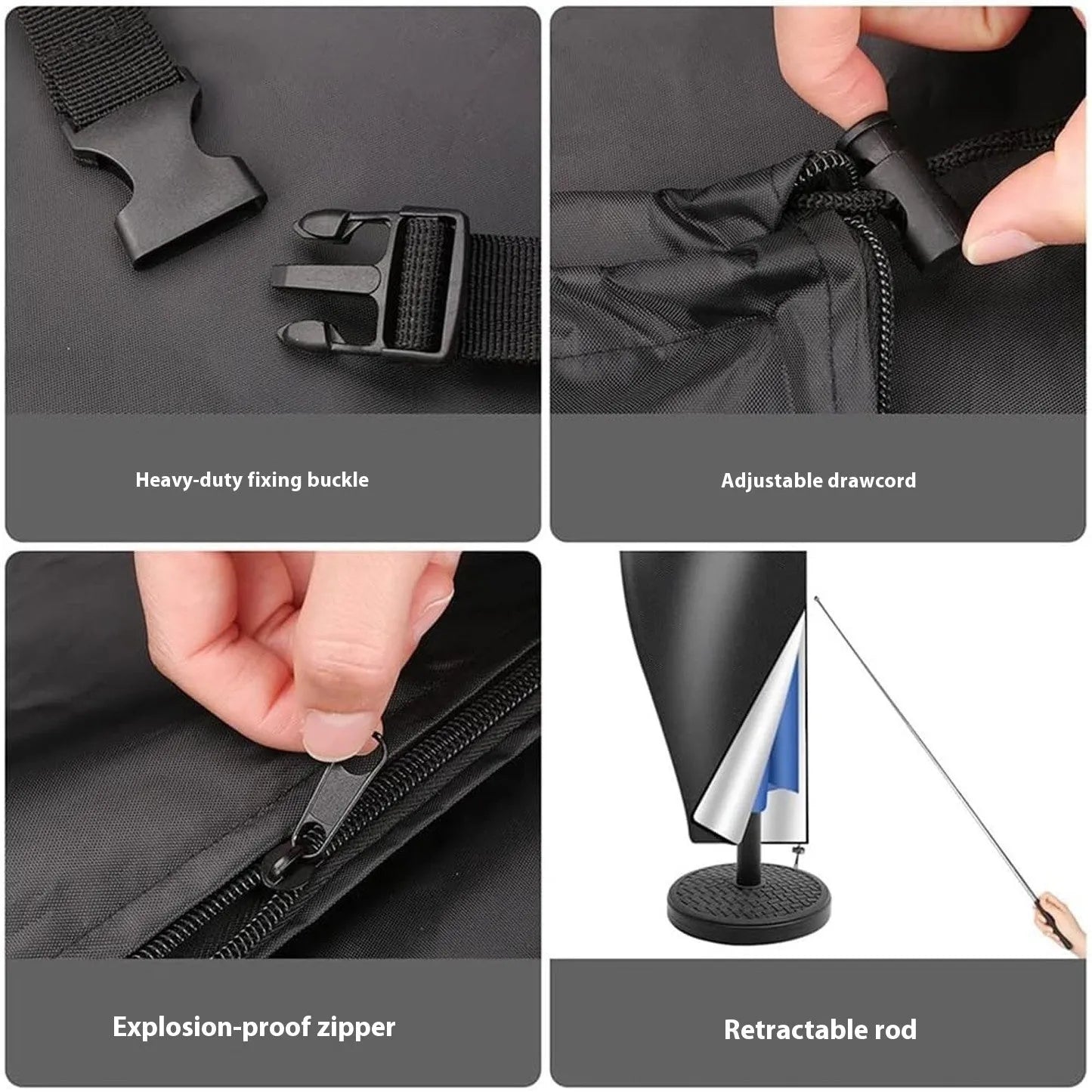 Black waterproof banana-shaped Oxford cloth cover for an offset patio umbrella.