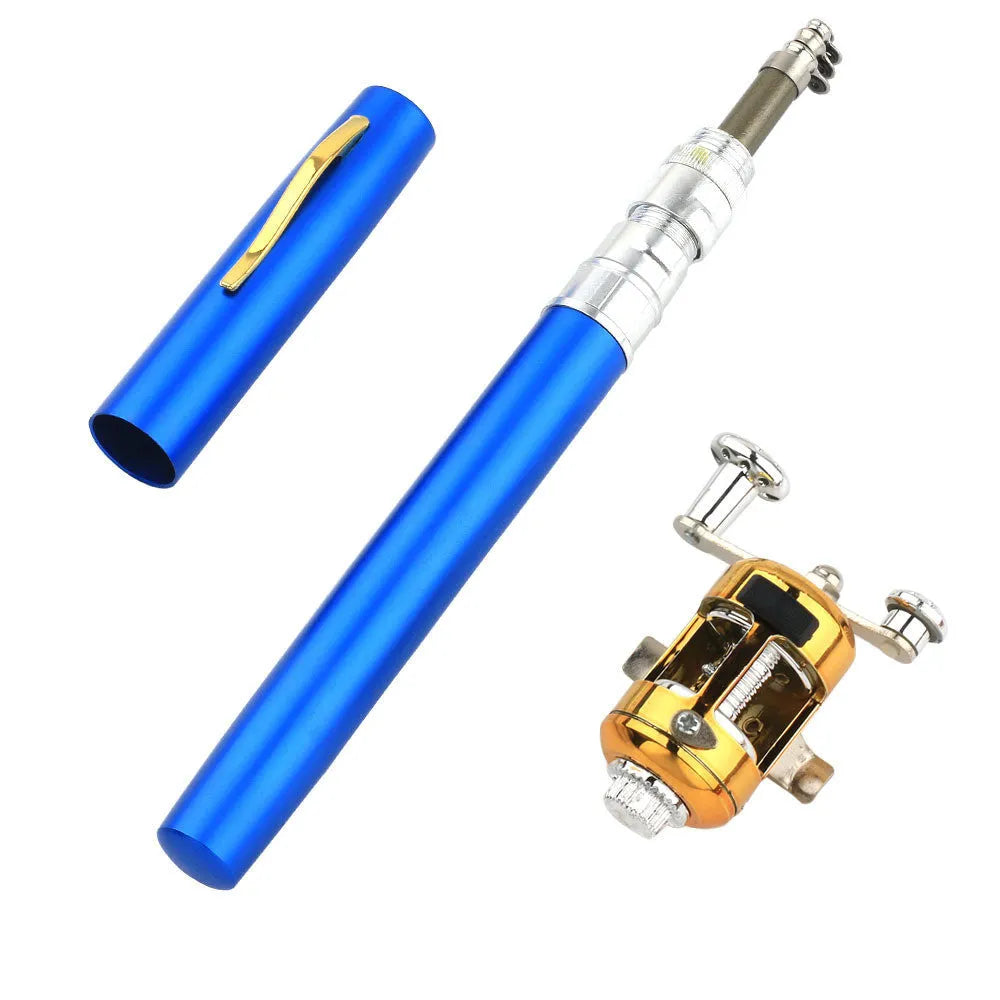 Gold telescopic pocket fishing rod extended to 1m next to its 20.5cm collapsed form and ST5RL spinning reel.