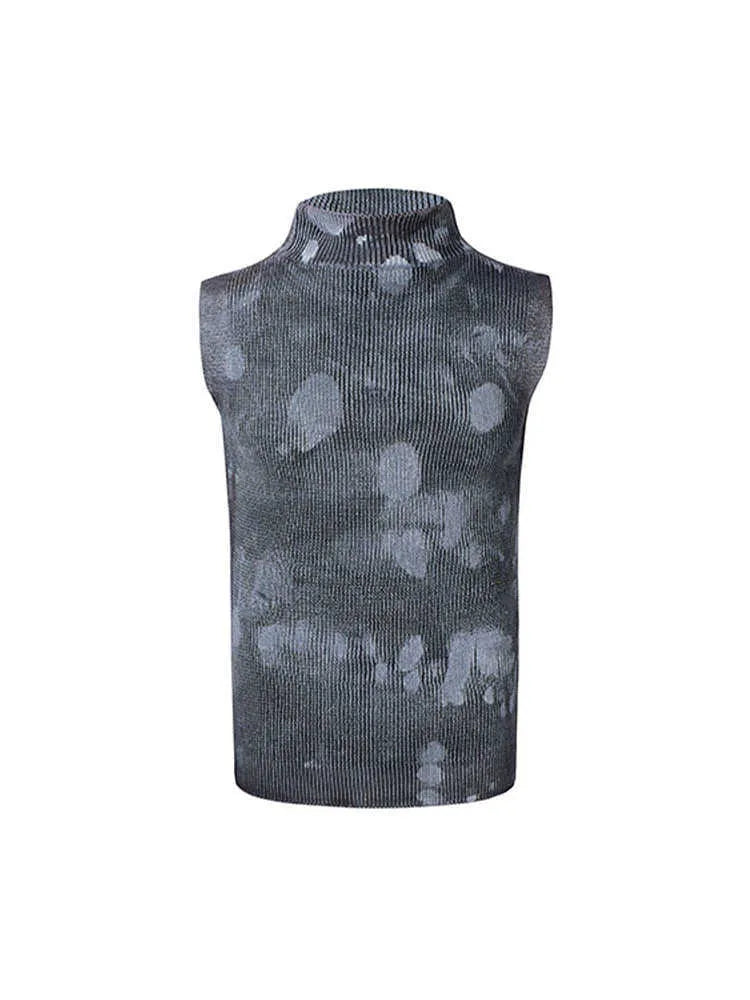 Men's black silver pastebrushing wool blend sleeveless turtleneck vest on a hanger