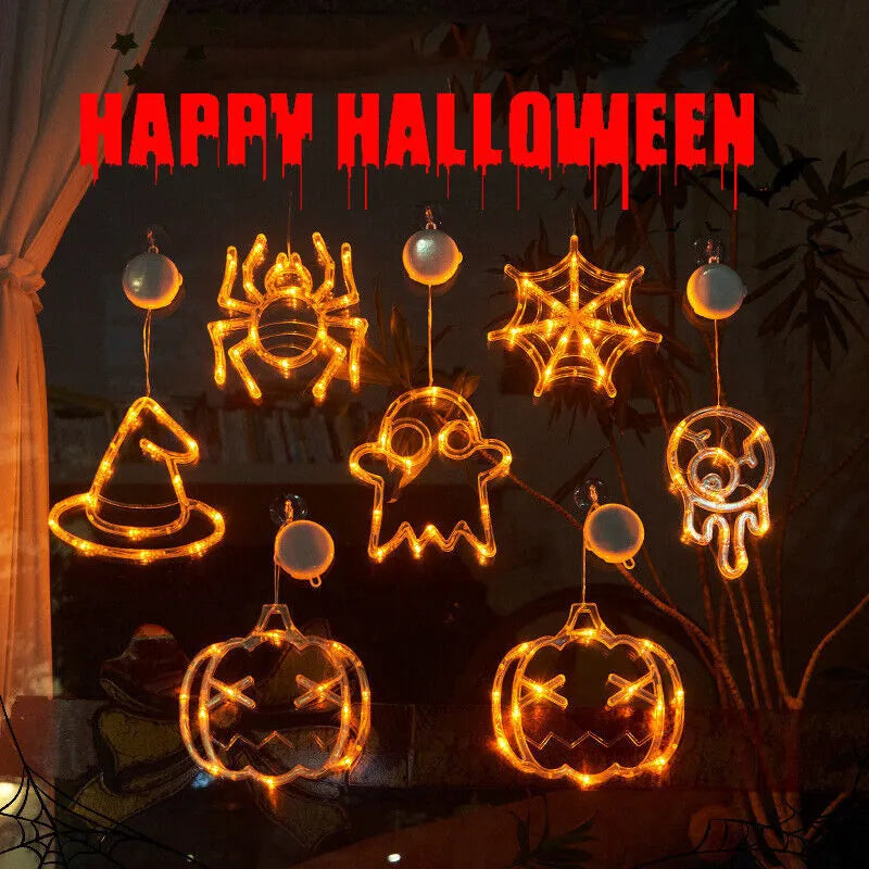 Halloween window hanging LED lights with spider pumpkin ghost designs and suction cup attachment
