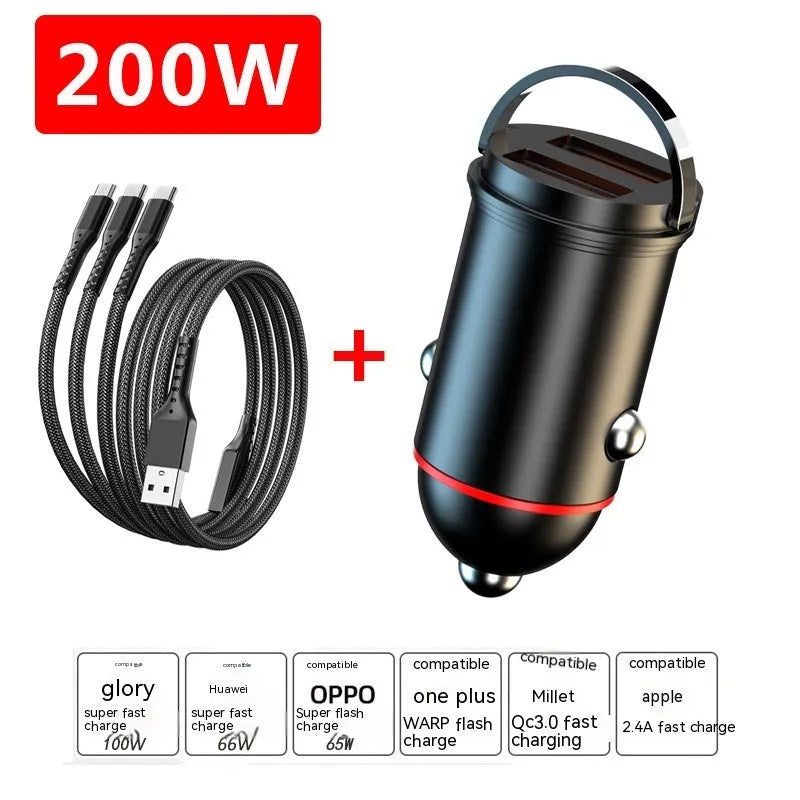 Black 200W Super Fast Car Charger with zinc alloy body and USB port