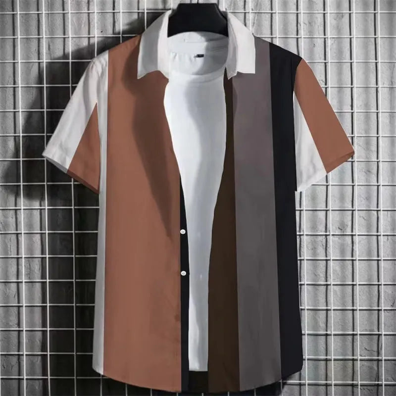 Man wearing a linen t-shirt with a striped and 3D printed graphic design.