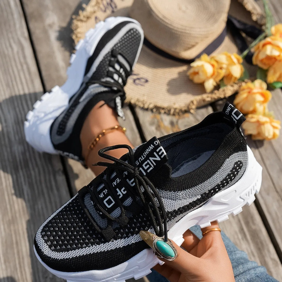 Women's Flyknit mesh lace-up running sneakers in multiple colour options with rubber sole