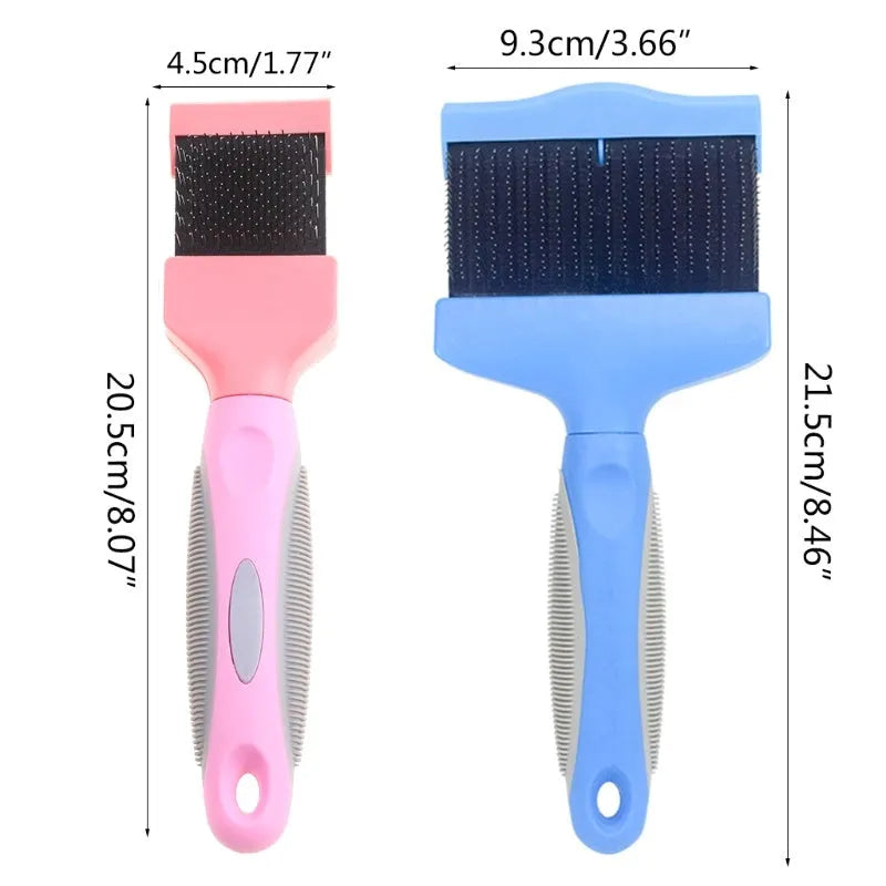 Double-sided pet brush with stainless steel pins and ABS handle in blue or pink colours