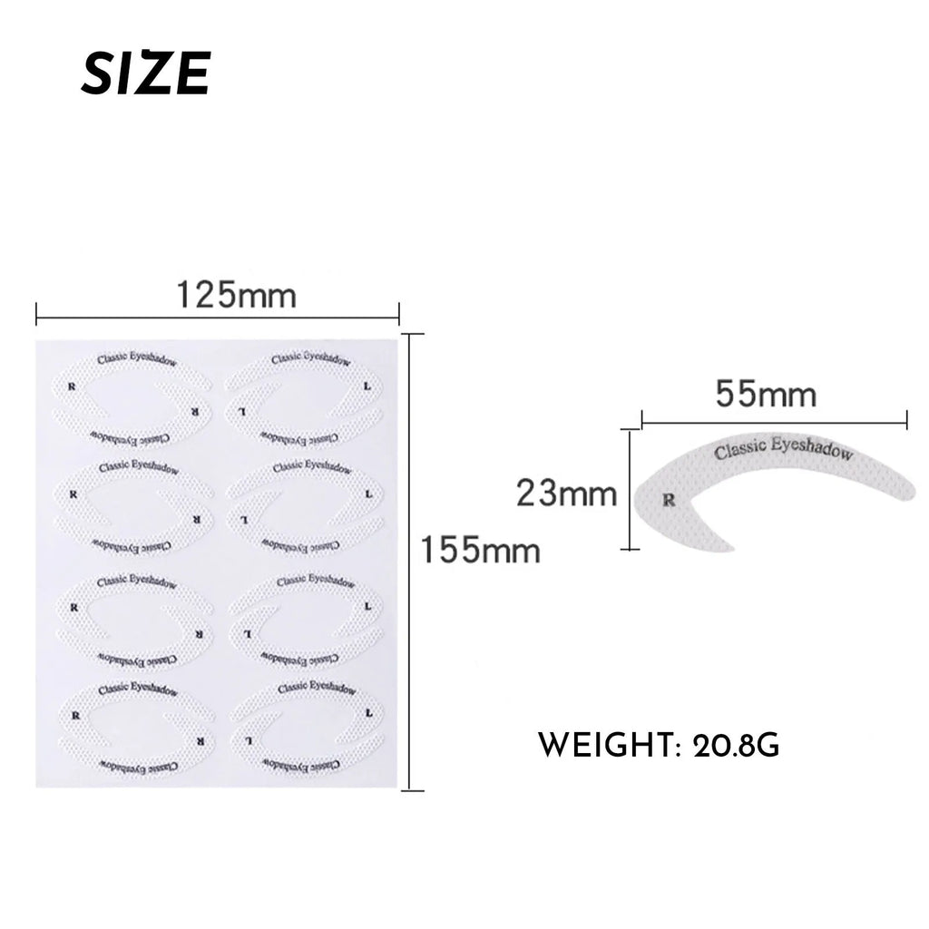 Set of four reusable eyeliner sticker templates showing different winged eyeliner and eyeshadow designs