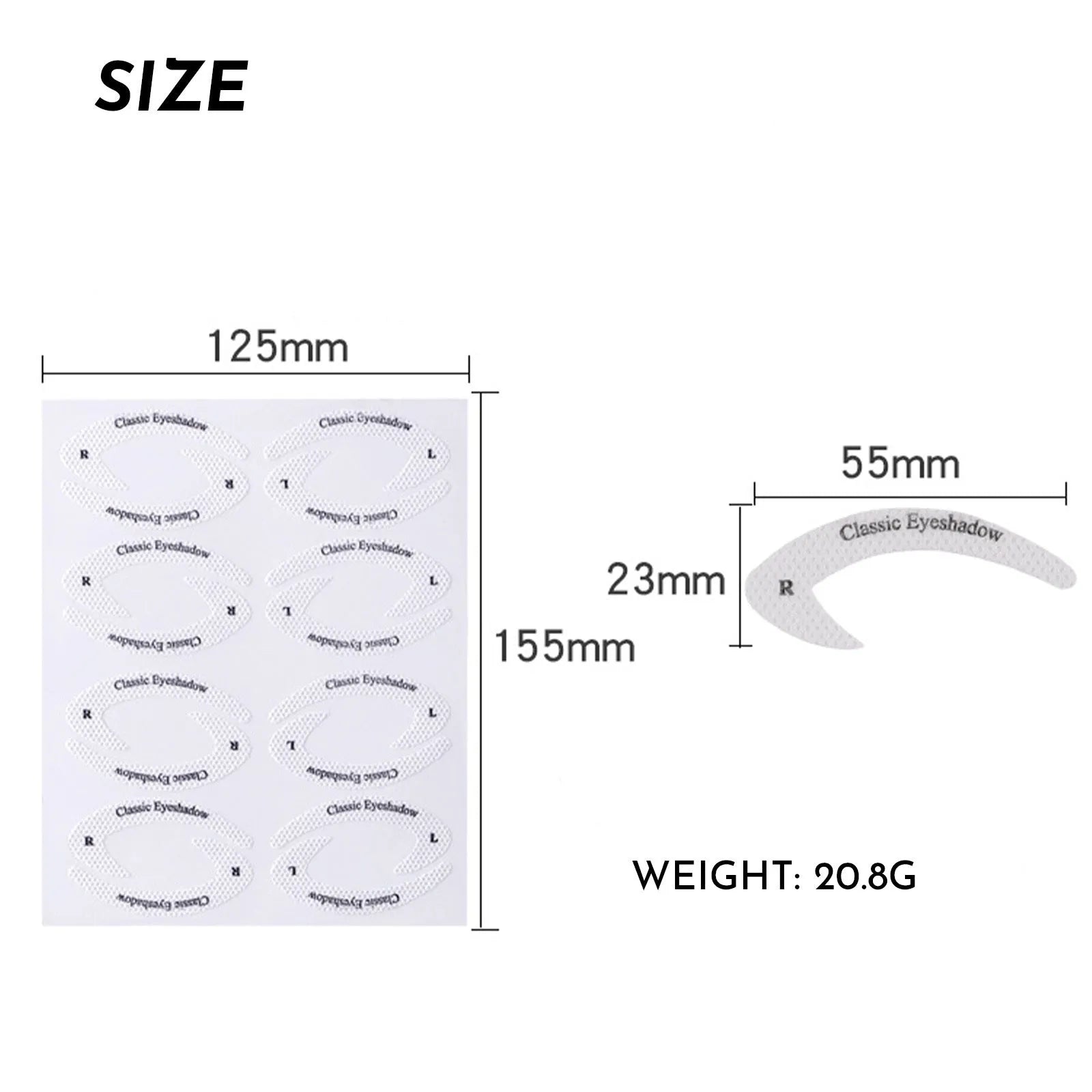 Set of four reusable eyeliner sticker templates showing different winged eyeliner and eyeshadow designs