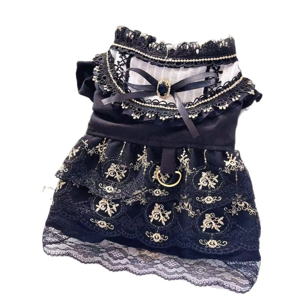 Golden Gothic-style princess skirt costume for a small dog or cat on a mannequin.