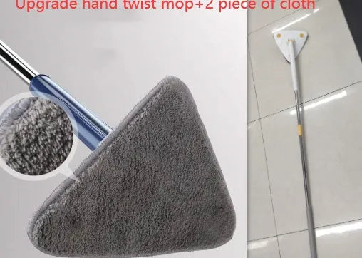 Blue extendable triangle cleaning mop with 360-degree rotating head and microfiber cloth