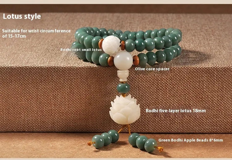 Bodhi seed bracelet with double ring safety buckle and lotus design on round beads