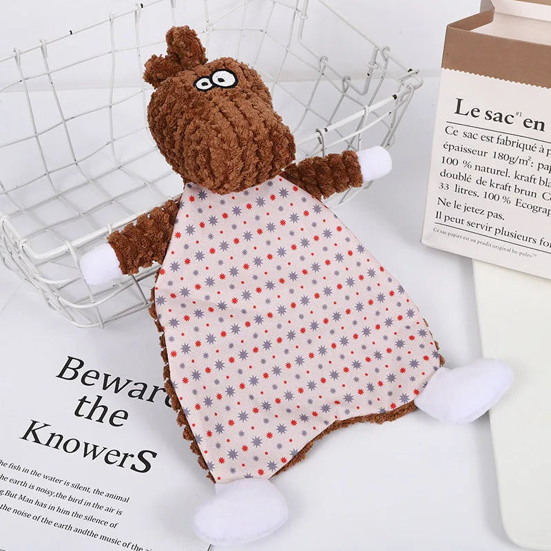 Brown velvet fox elephant plush dog toy with sound element for chewing and boredom relief.