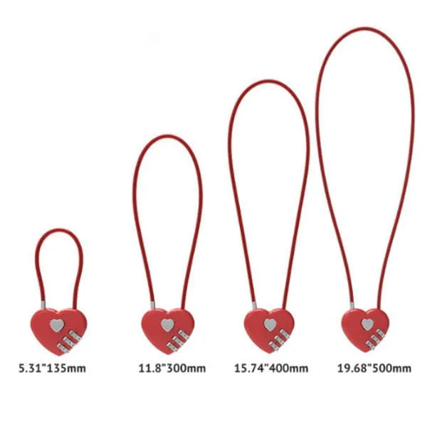 Peach heart design wire rope lock in ABS plastic, shown with steel cable, for securing bicycle helmets.