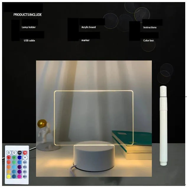 3D acrylic message board night light with remote control and stylus on wooden desk