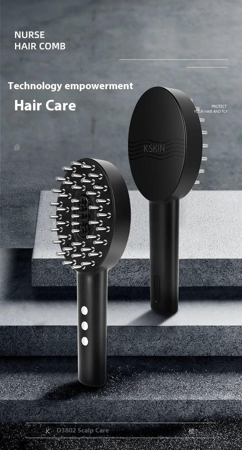 KD3802 Black scalp massage device with host unit and charging cable on a white background