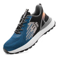 Blue men's low-cut safety work shoes with mesh upper, plastic toe cap, and lace closure.