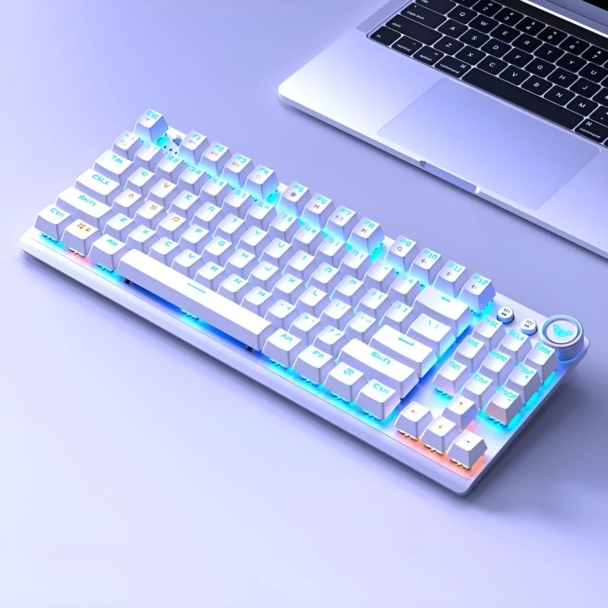 Wireless mechanical keyboard with side-engraved keycaps and metal casing showing triple-mode connectivity options