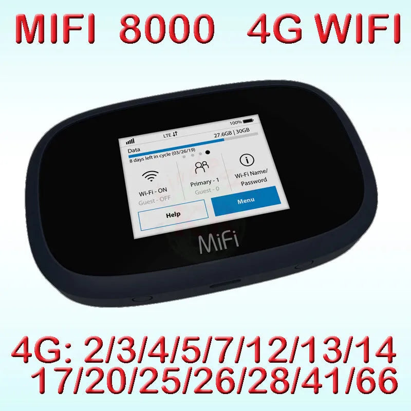 Black portable 4G LTE WiFi router with dual-core processor measuring 10x20x3 cm