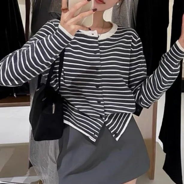 Women's dark grey and white striped cardigan with French styling, 40cm length slim fit design