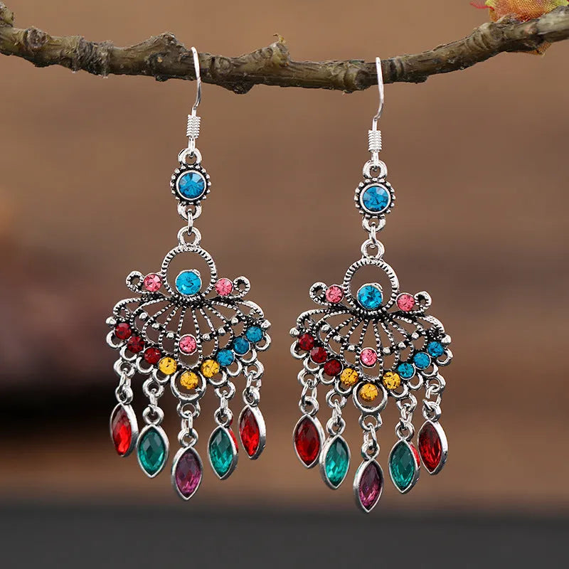 Smart water drop purple retro ethnic-style long crystal fringe earrings with alloy drop shape