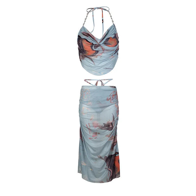Blue women's three-piece bikini set with diamond chain split design on mannequin